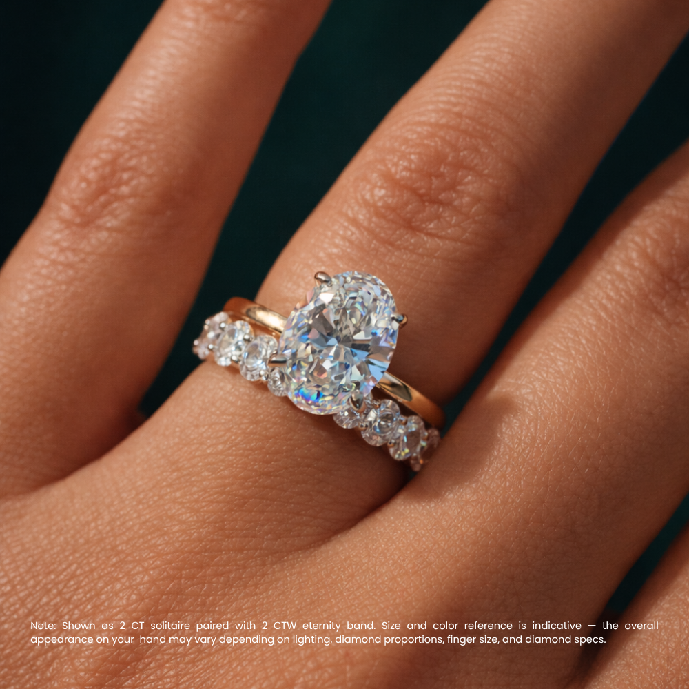 Oval Solitaire Hidden Halo and Oval Eternity Lab Grown Diamond Ring Set (2 Rings) in 18K Gold