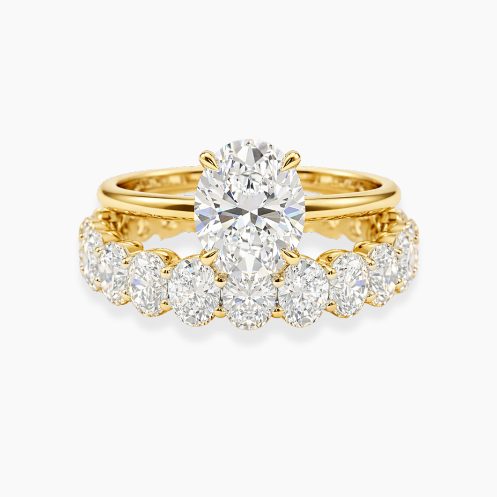 Oval Solitaire Hidden Halo and Oval Eternity Lab Grown Diamond Ring Set (2 Rings) in 18K Gold
