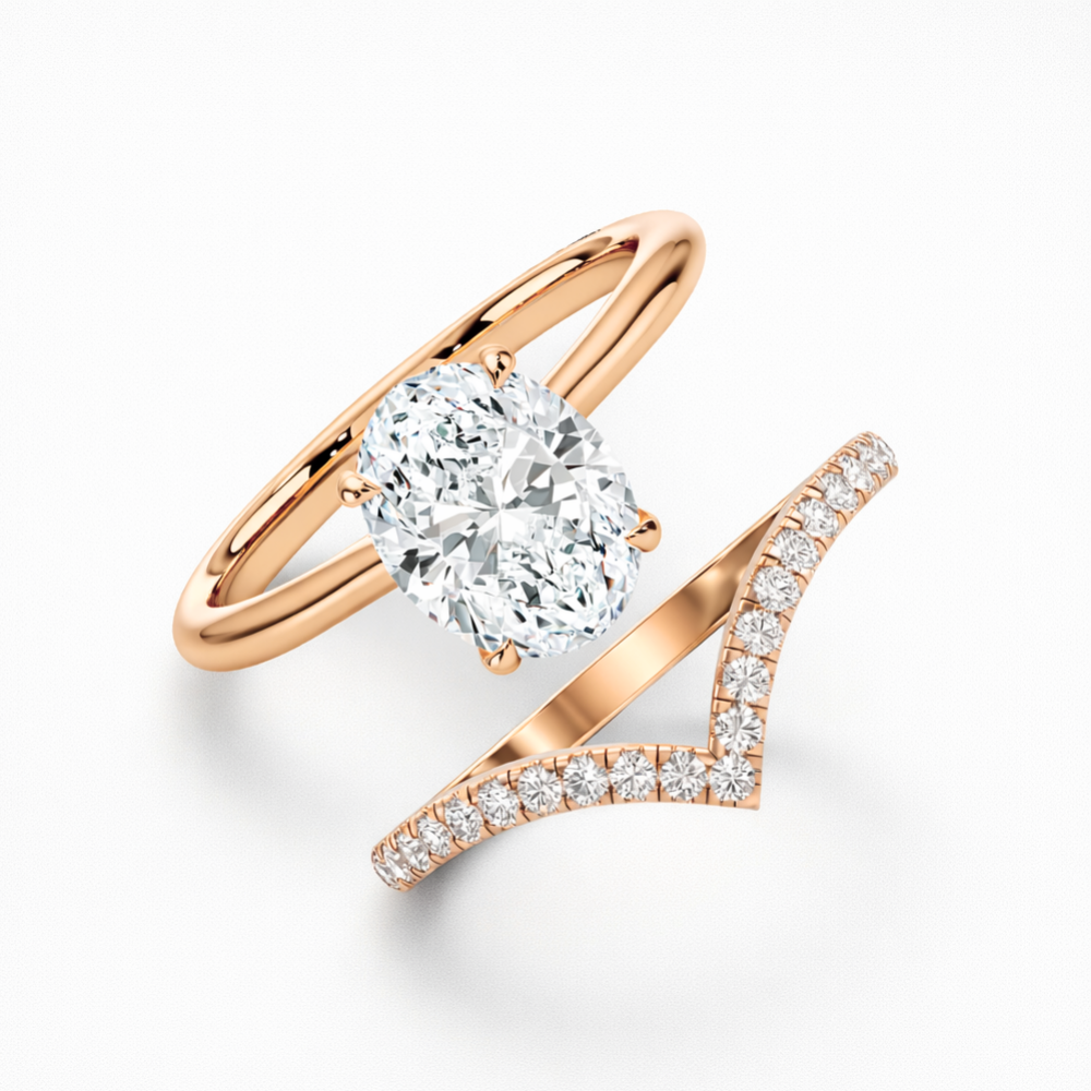 Oval Solitaire Hidden Halo and V-shaped Pave Band Lab Grown Diamond Ring Set (2 Rings) in 18K Gold