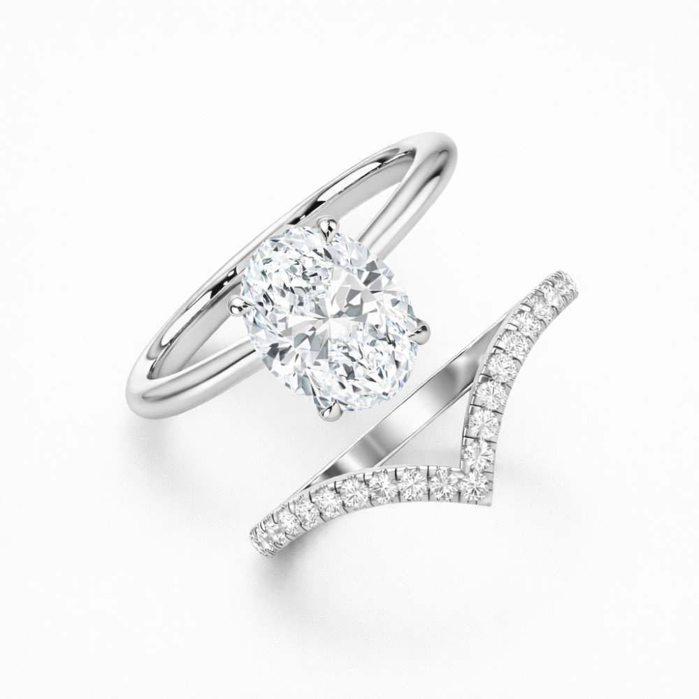 Oval Solitaire Hidden Halo and V-shaped Pave Band Lab Grown Diamond Ring Set (2 Rings) in 18K Gold