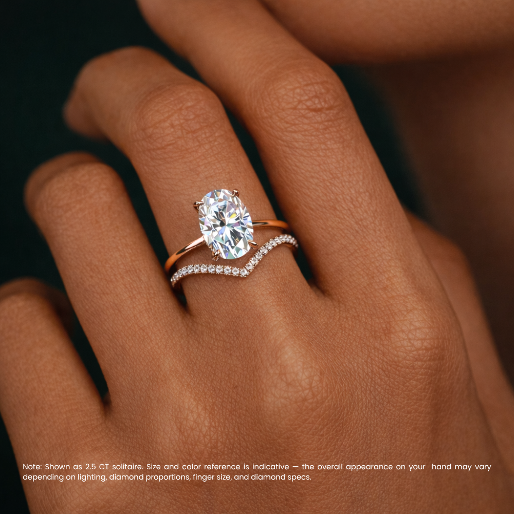 Oval Solitaire Hidden Halo and V-shaped Pave Band Lab Grown Diamond Ring Set (2 Rings) in 18K Gold