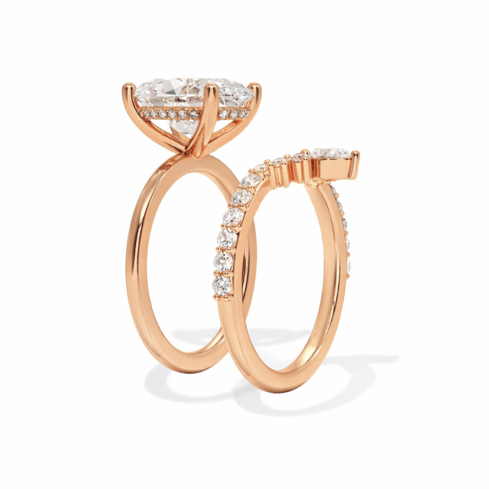 Oval Solitaire Hidden Halo and V-shaped Pave Band with Pear Accent Lab Grown Diamond Ring Set (2 Rings) in 18K Gold