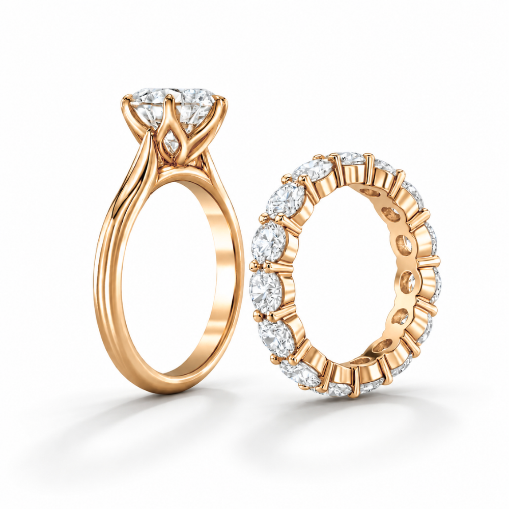 Round Solitaire Six Prongs Tulip Setting and Round Eternity Band Lab Grown Diamond Ring Set (2 Rings) in 18K Gold