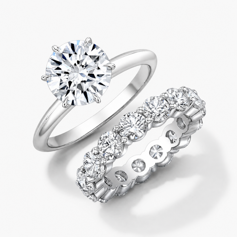 Round Solitaire Six Prongs Tulip Setting and Round Eternity Band Lab Grown Diamond Ring Set (2 Rings) in 18K Gold