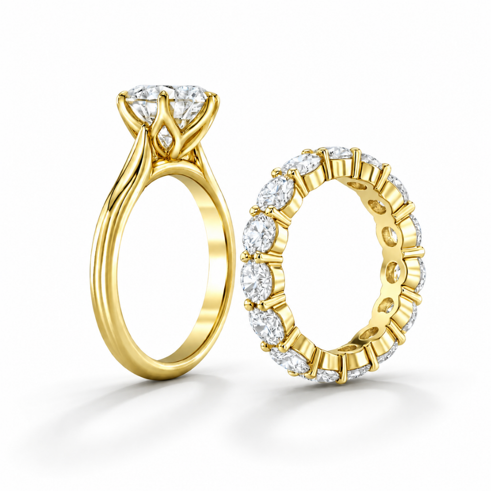 Round Solitaire Six Prongs Tulip Setting and Round Eternity Band Lab Grown Diamond Ring Set (2 Rings) in 18K Gold