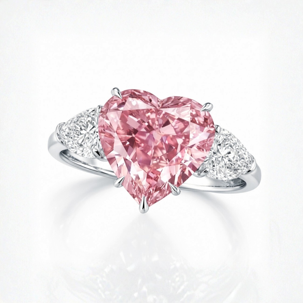 Trilogy Fancy Colored Heart Lab Diamond Ring (Pear Side Diamonds) in White Gold 18K