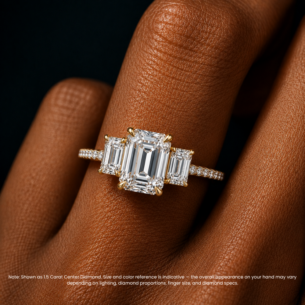 Trilogy Pave Emerald (Emerald Side Stones) Lab Grown Diamond Engagement Ring in 18K Gold