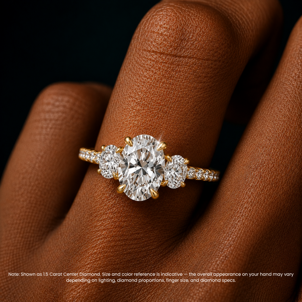 Trilogy Pave Oval (Oval Side Stones) Lab Grown Diamond Engagement Ring in 18K Gold