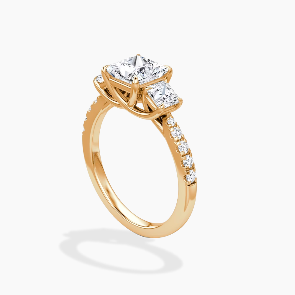 Trilogy Pave Princess (Princess Side Stones) Lab Grown Diamond Engagement Ring in 18K Gold