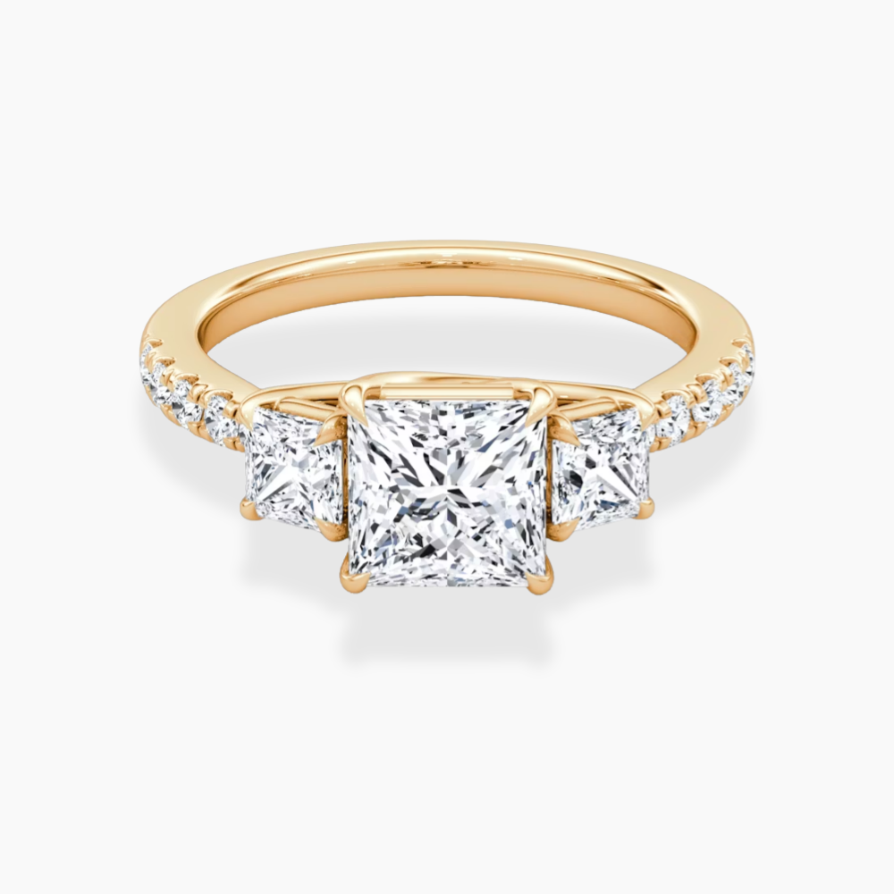 Trilogy Pave Princess (Princess Side Stones) Lab Grown Diamond Engagement Ring in 18K Gold