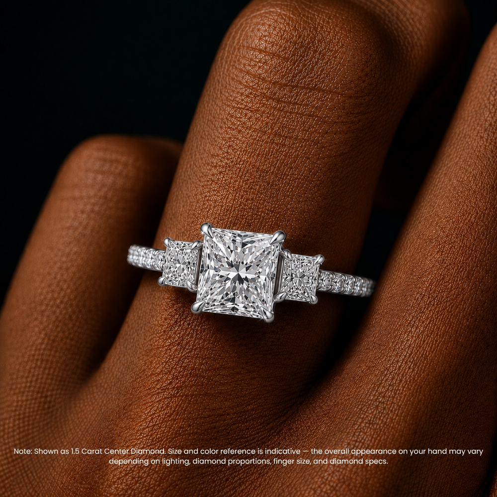 Trilogy Pave Princess (Princess Side Stones) Lab Grown Diamond Engagement Ring in 18K Gold