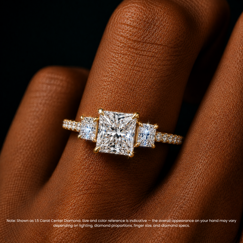 Trilogy Pave Princess (Princess Side Stones) Lab Grown Diamond Engagement Ring in 18K Gold