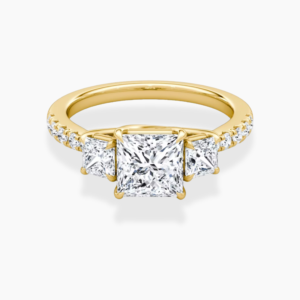 Trilogy Pave Princess (Princess Side Stones) Lab Grown Diamond Engagement Ring in 18K Gold