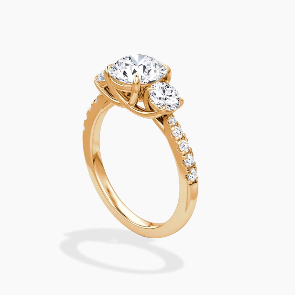 Trilogy Pave Round (Round Side Stones) Lab Grown Diamond Engagement Ring in 18K Gold