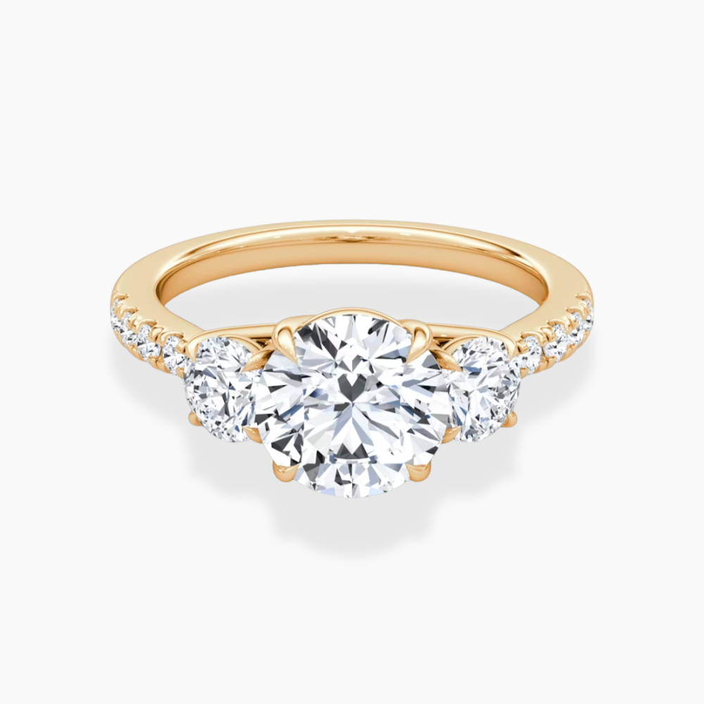 Trilogy Pave Round (Round Side Stones) Lab Grown Diamond Engagement Ring in 18K Gold