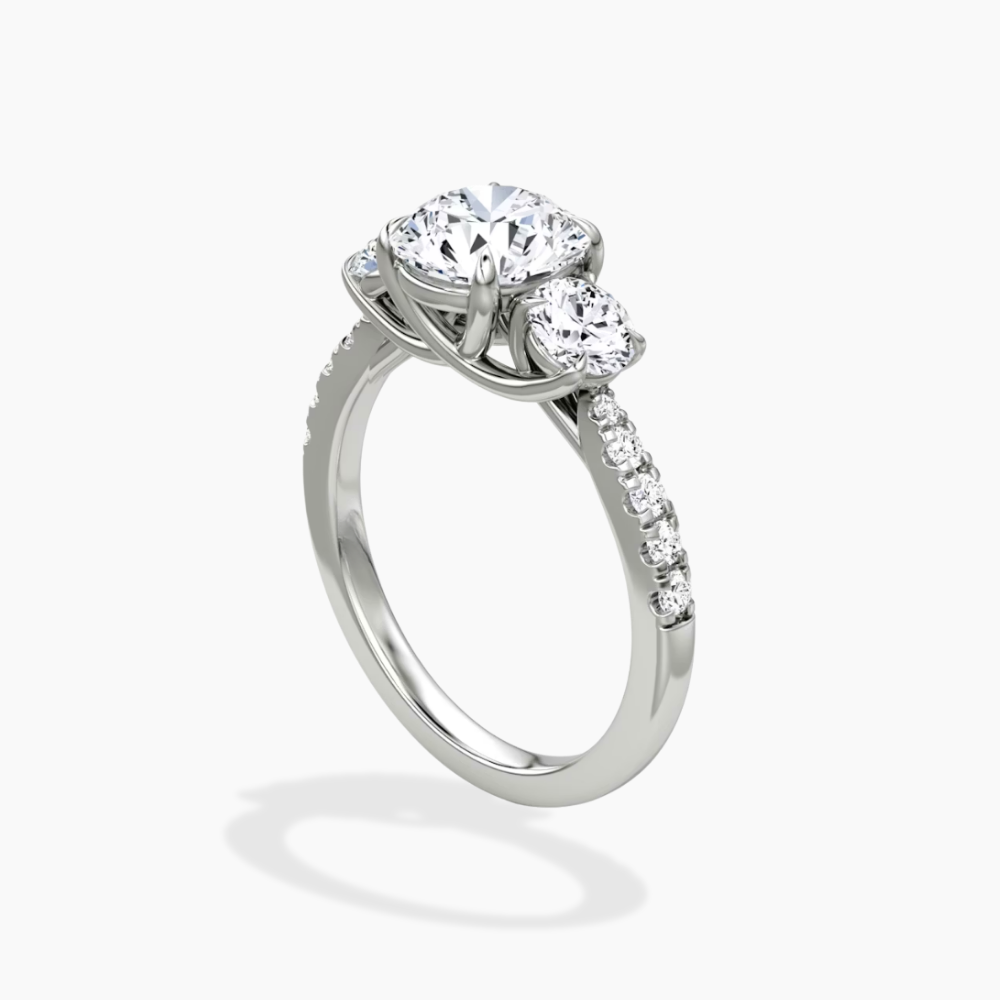 Trilogy Pave Round (Round Side Stones) Lab Grown Diamond Engagement Ring in 18K Gold
