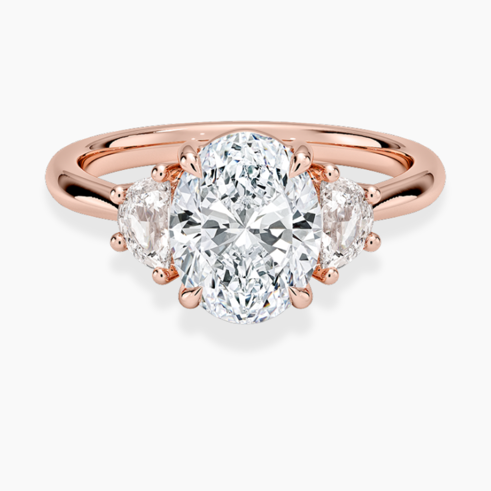 Trilogy (Half-Moon Side Stones) Lab Diamond Engagement Ring in 18K Gold - Oval