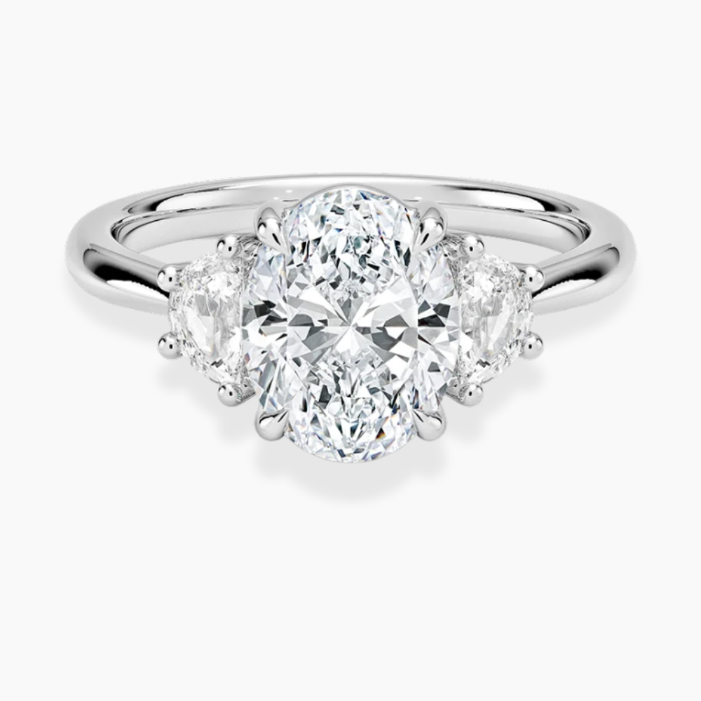Trilogy (Half-Moon Side Stones) Lab Diamond Engagement Ring in 18K Gold - Oval