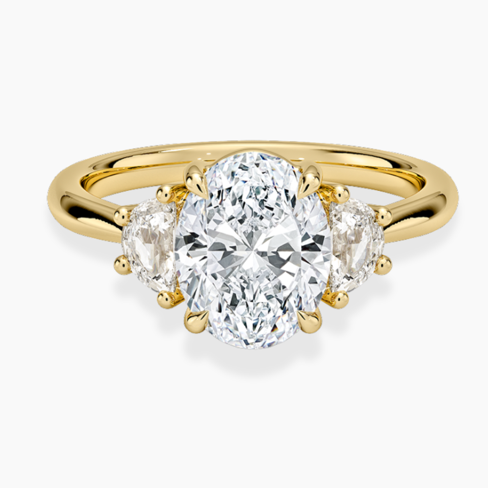 Trilogy (Half-Moon Side Stones) Lab Diamond Engagement Ring in 18K Gold - Oval