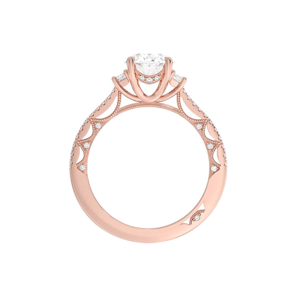 Trilogy (Half-Moon Side Stones) Pave Vintage Lab Diamond Engagement Ring in 18K Gold - Oval