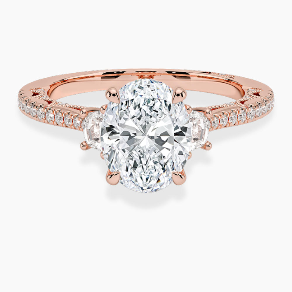 Trilogy (Half-Moon Side Stones) Pave Vintage Lab Diamond Engagement Ring in 18K Gold - Oval