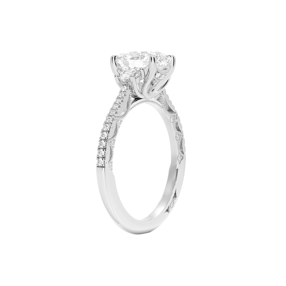 Trilogy (Half-Moon Side Stones) Pave Vintage Lab Diamond Engagement Ring in 18K Gold - Oval