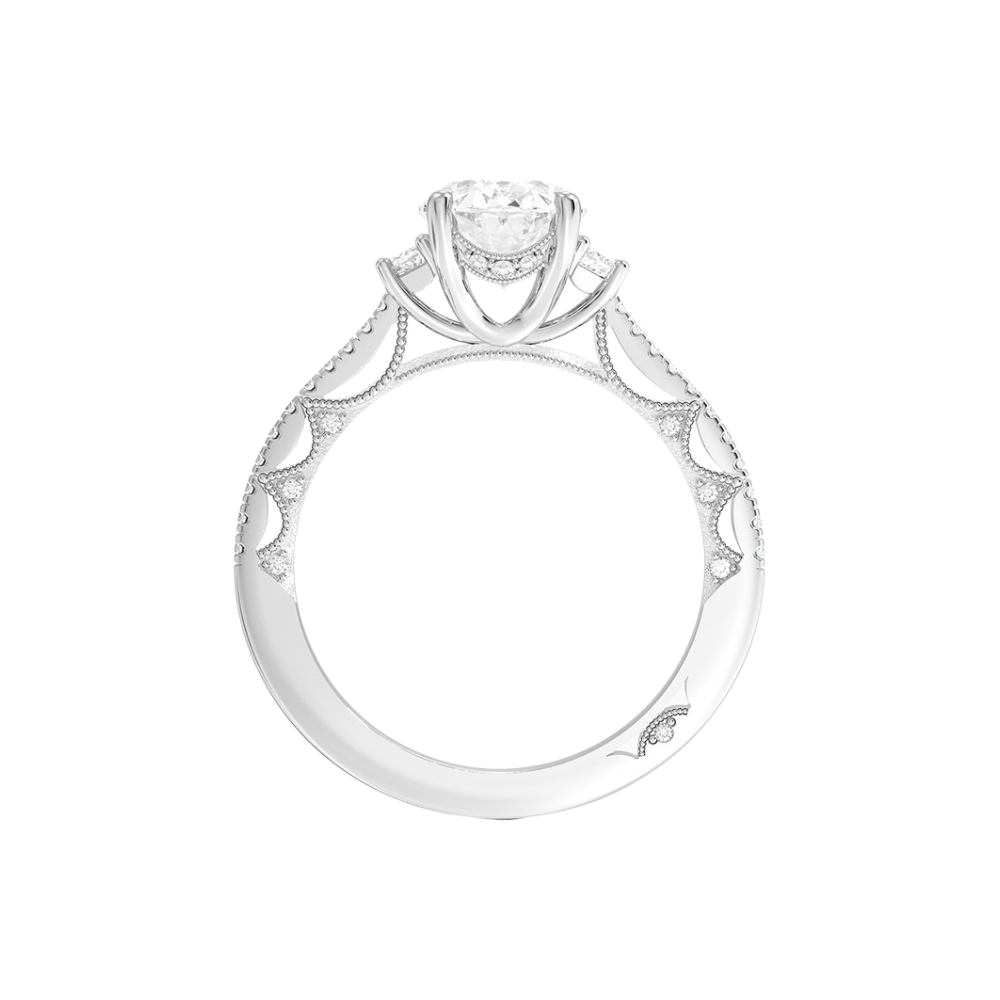 Trilogy (Half-Moon Side Stones) Pave Vintage Lab Diamond Engagement Ring in 18K Gold - Oval