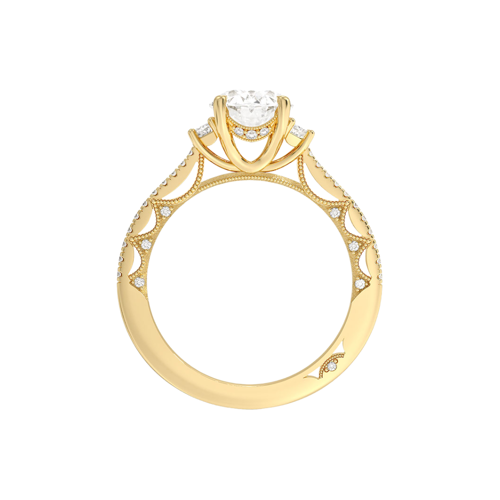 Trilogy (Half-Moon Side Stones) Pave Vintage Lab Diamond Engagement Ring in 18K Gold - Oval