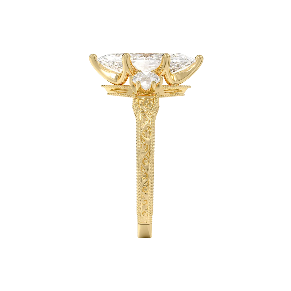 Trilogy (Round Side Stones) Vintage Lab Diamond Engagement Ring in 18K Gold - Marquise
