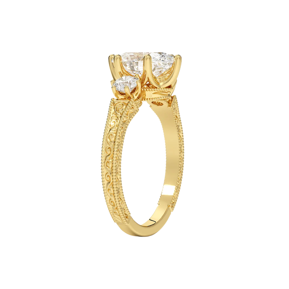 Trilogy (Round Side Stones) Vintage Lab Diamond Engagement Ring in 18K Gold - Oval