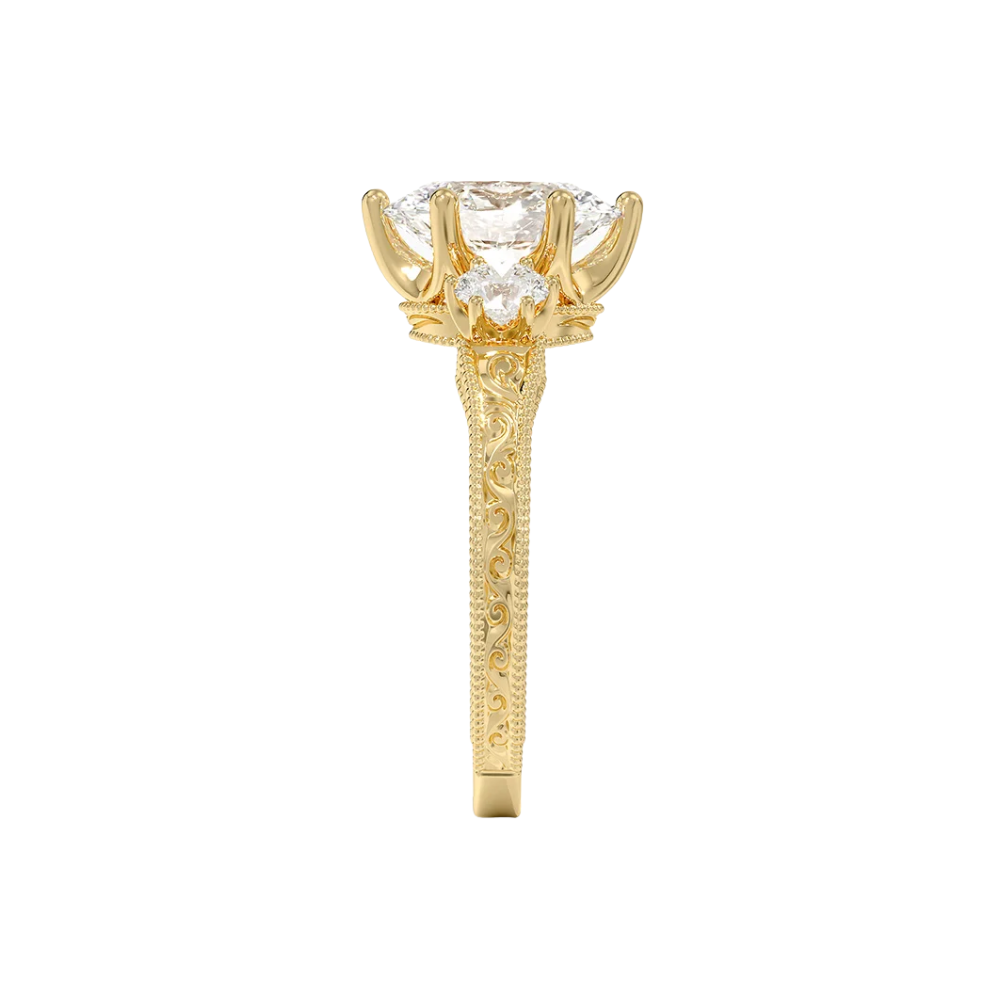 Trilogy (Round Side Stones) Vintage Lab Diamond Engagement Ring in 18K Gold - Oval