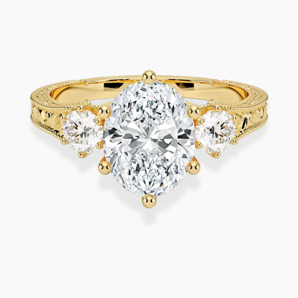 Trilogy (Round Side Stones) Vintage Lab Diamond Engagement Ring in 18K Gold - Oval