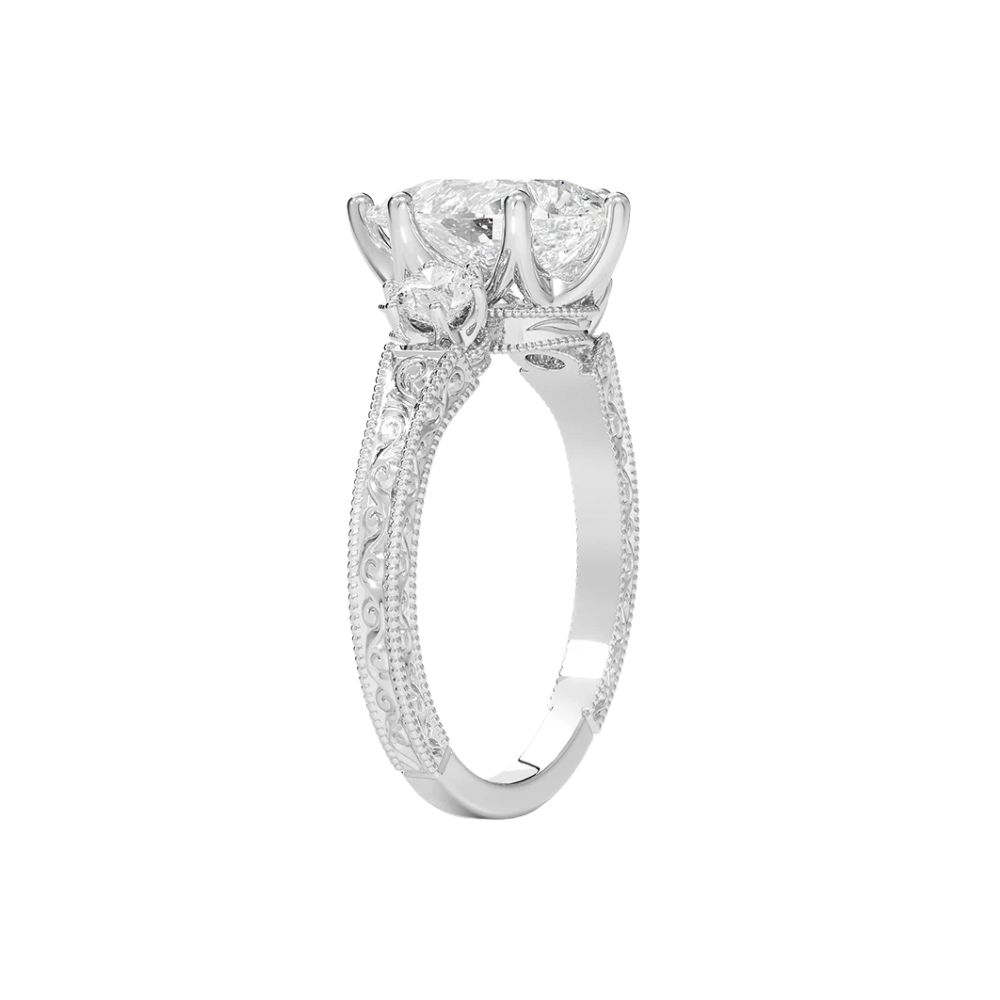 Trilogy (Round Side Stones) Vintage Lab Diamond Engagement Ring in 18K Gold - Pear