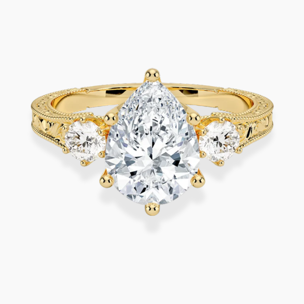 Trilogy (Round Side Stones) Vintage Lab Diamond Engagement Ring in 18K Gold - Pear