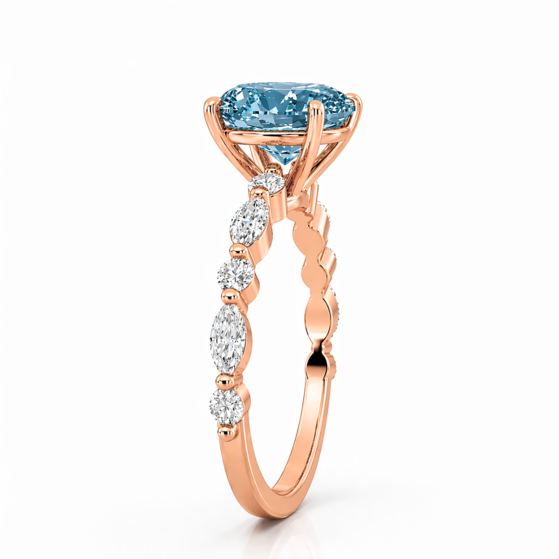 Ocean Eyes Accents Fancy Blue Lab Grown Diamond Engagement Ring in 18K Gold - Oval