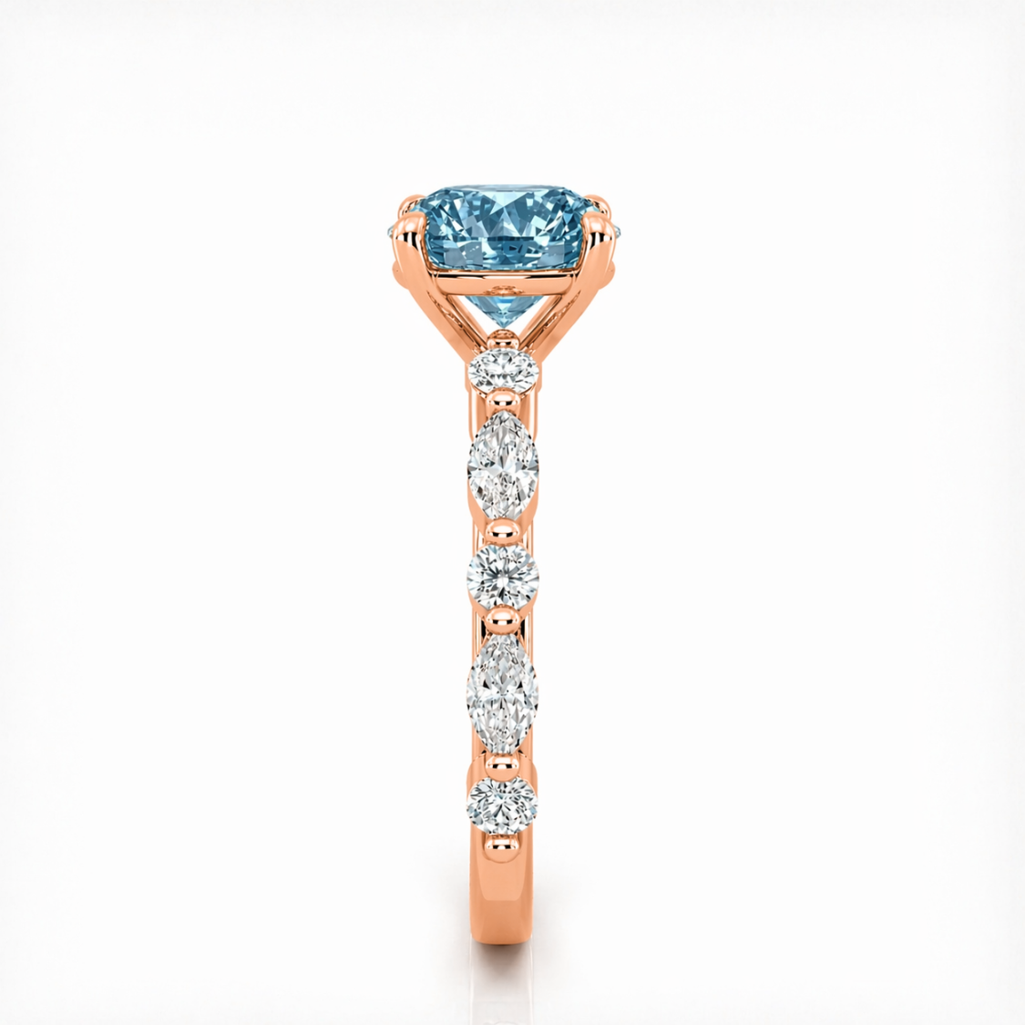 Ocean Eyes Accents Fancy Blue Lab Grown Diamond Engagement Ring in 18K Gold - Oval