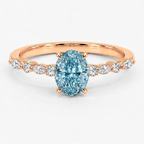 Ocean Eyes Accents Fancy Blue Lab Grown Diamond Engagement Ring in 18K Gold - Oval