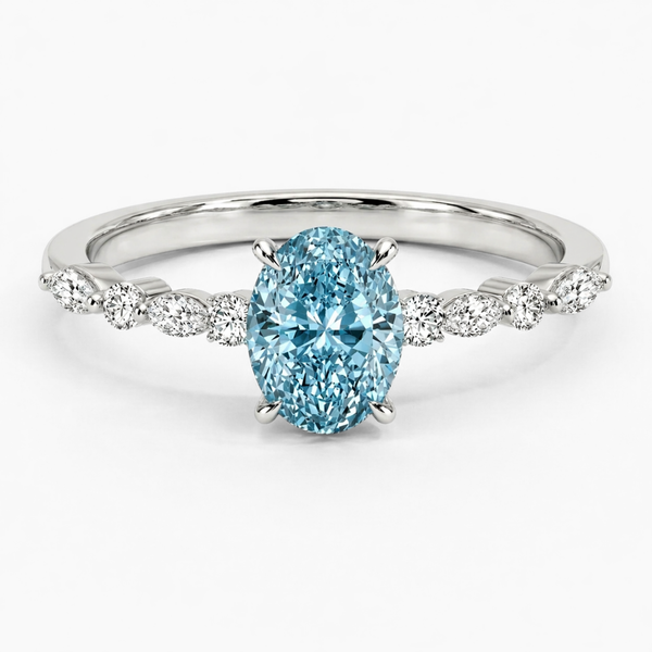 Ocean Eyes Accents Fancy Blue Lab Grown Diamond Engagement Ring in 18K Gold - Oval