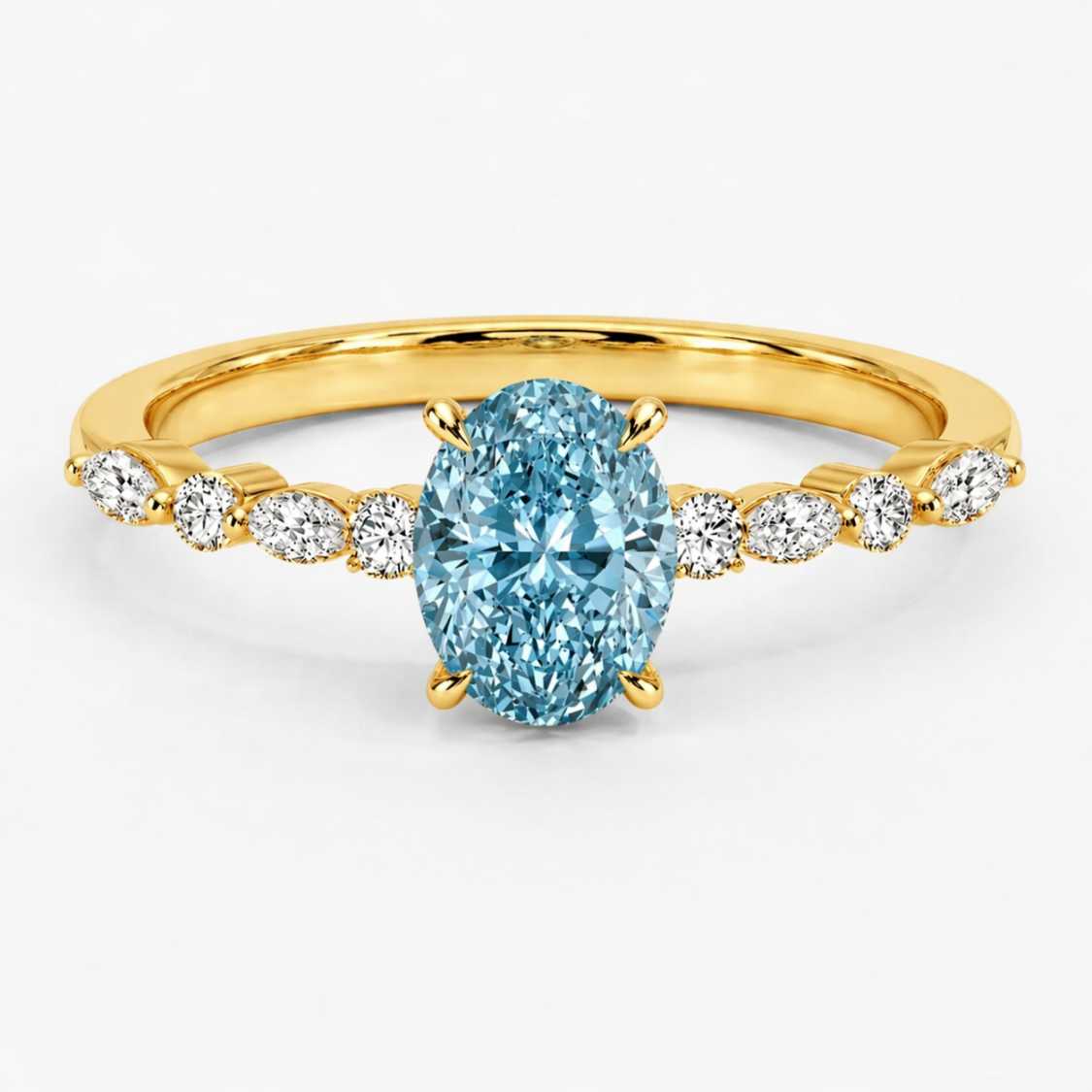 Ocean Eyes Accents Fancy Blue Lab Grown Diamond Engagement Ring in 18K Gold - Oval