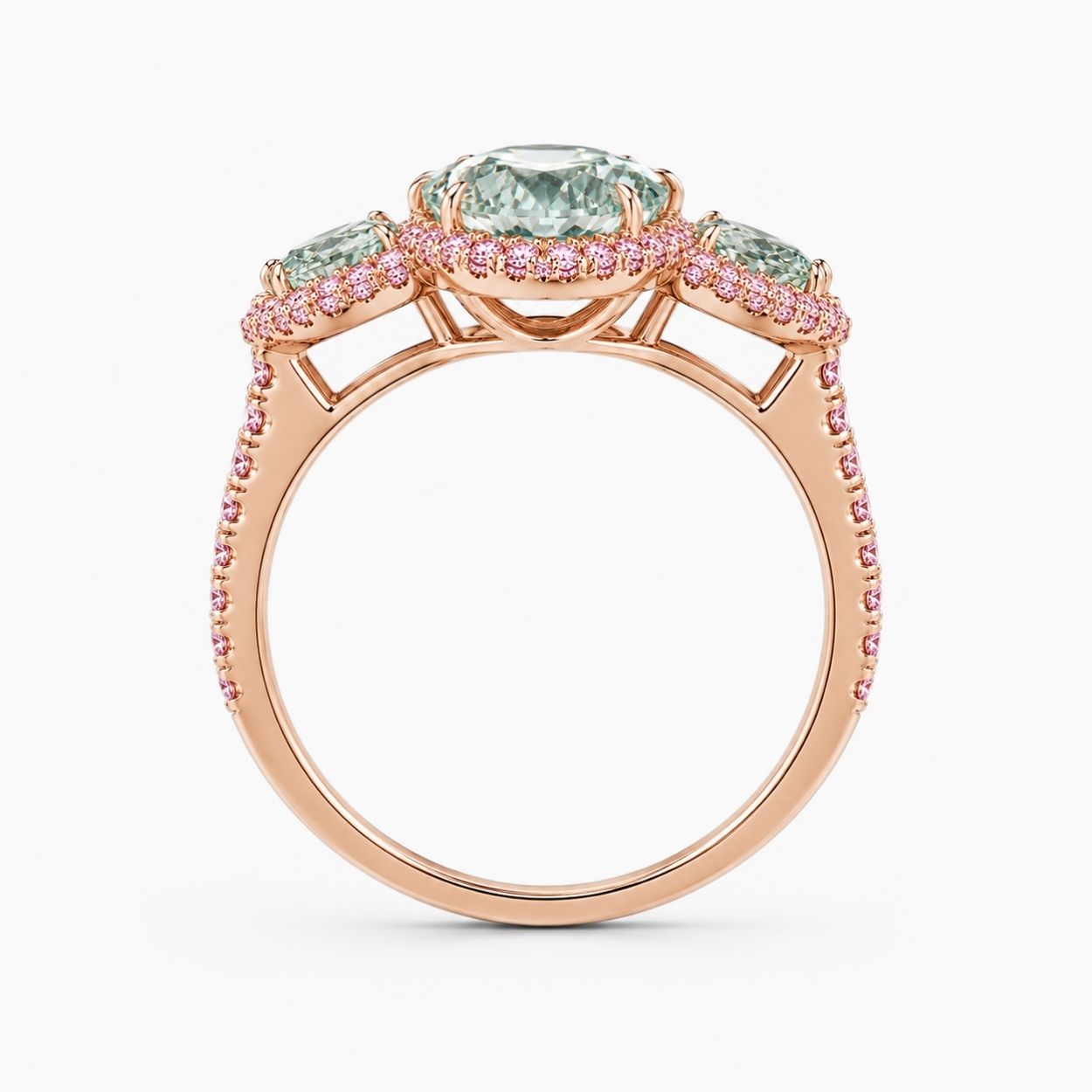 Aphrodite Trilogy Halo Pave Accents (Pink Side Diamonds) Fancy Green Pear Lab Diamond Ring in Rose Gold 18K
