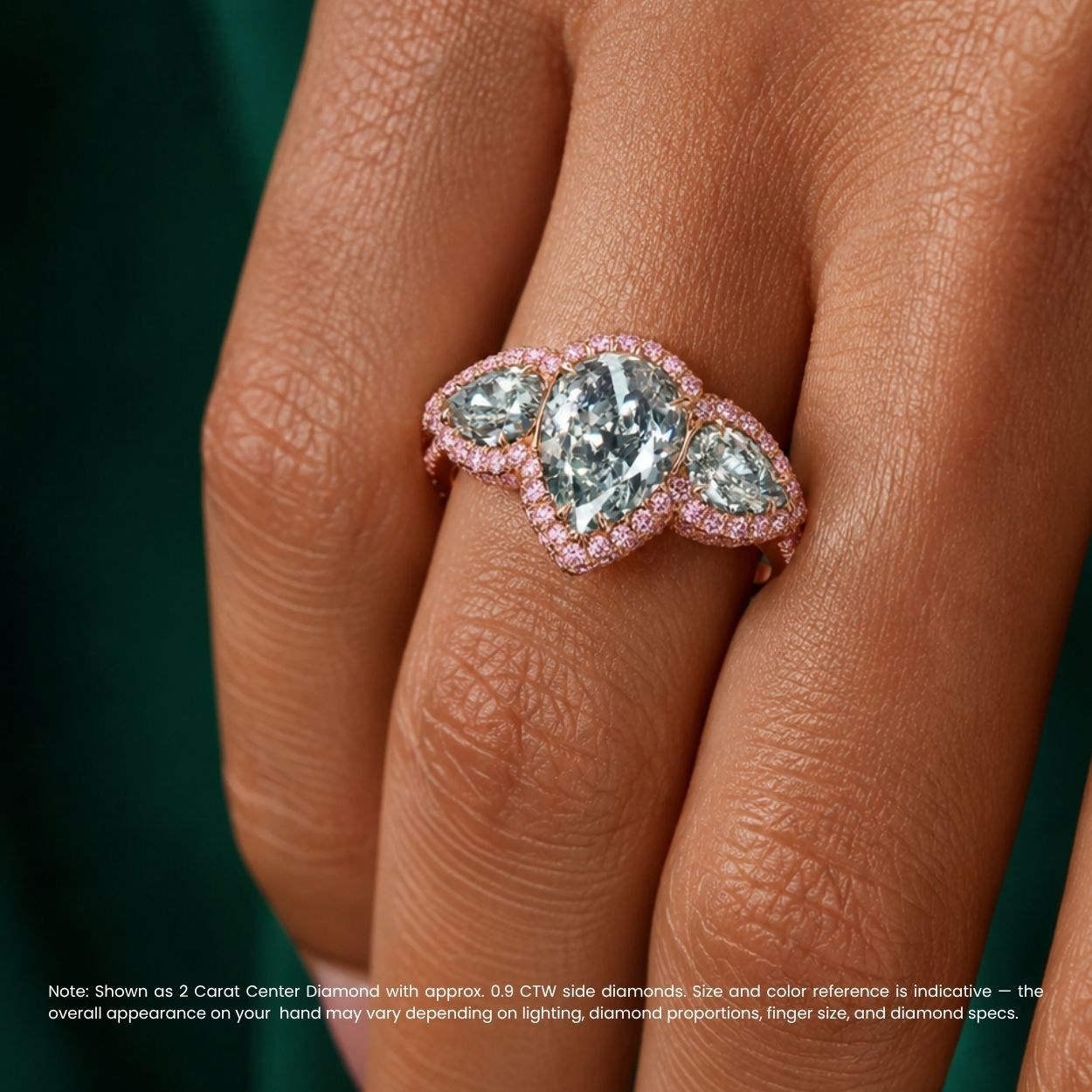 Aphrodite Trilogy Halo Pave Accents (Pink Side Diamonds) Fancy Green Pear Lab Diamond Ring in Rose Gold 18K