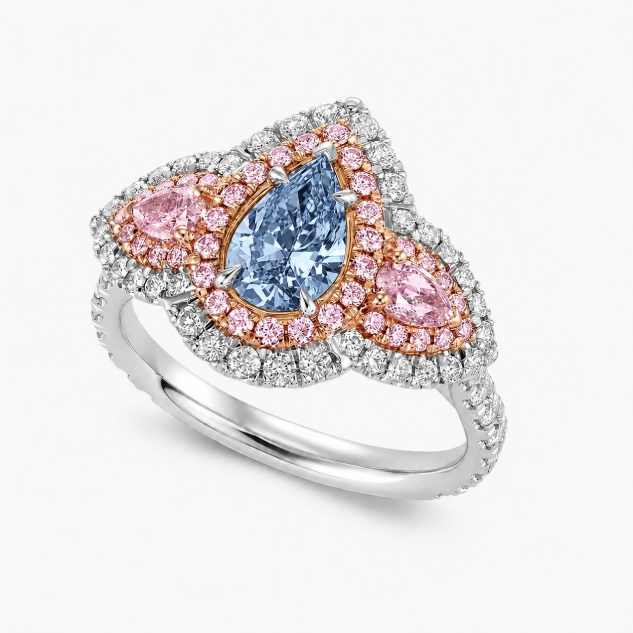 Michaela Halo Pave Accents (White and Pink Side Diamonds) Fancy Blue Pear Lab Diamond Ring in White Gold 18K