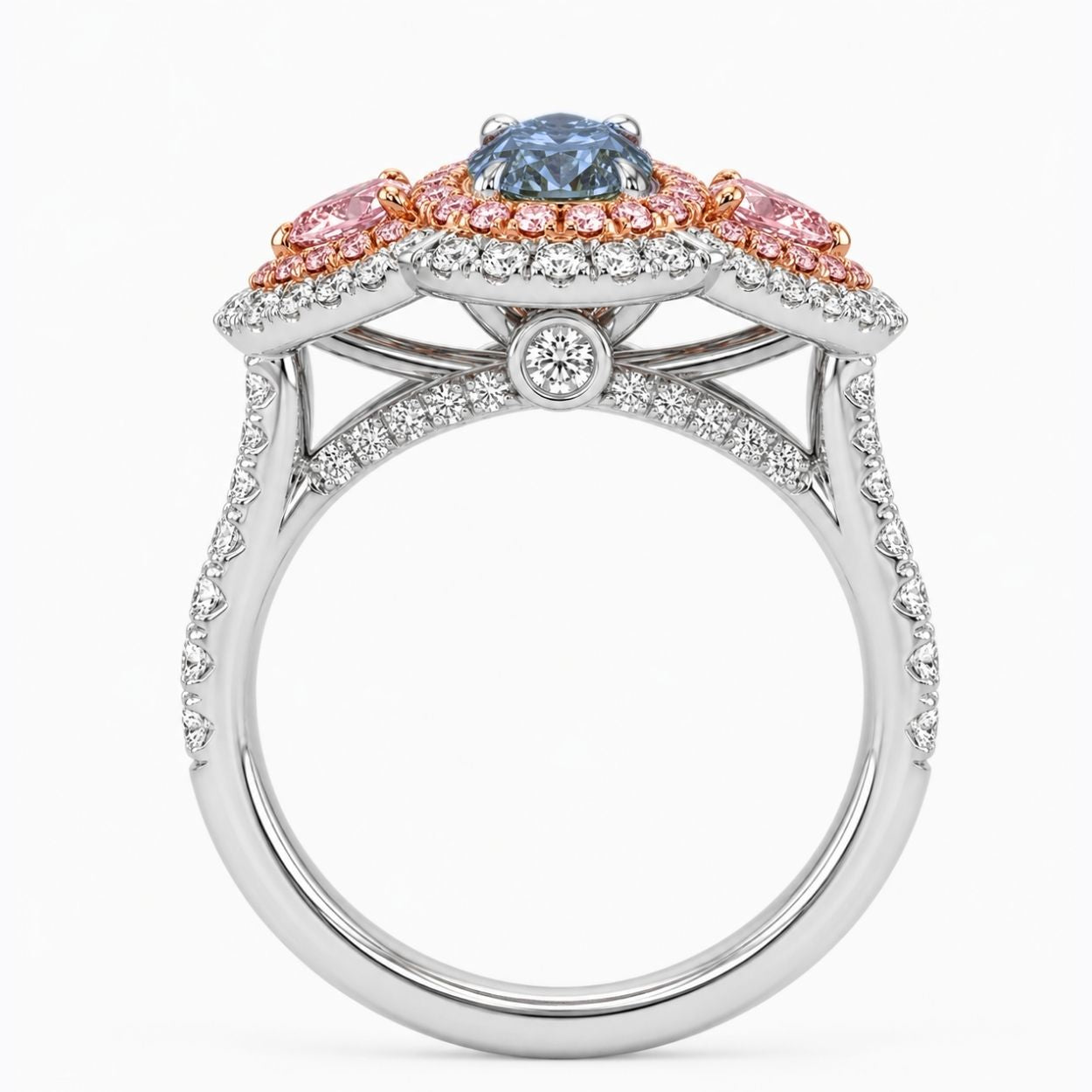 Michaela Halo Pave Accents (White and Pink Side Diamonds) Fancy Blue Pear Lab Diamond Ring in White Gold 18K