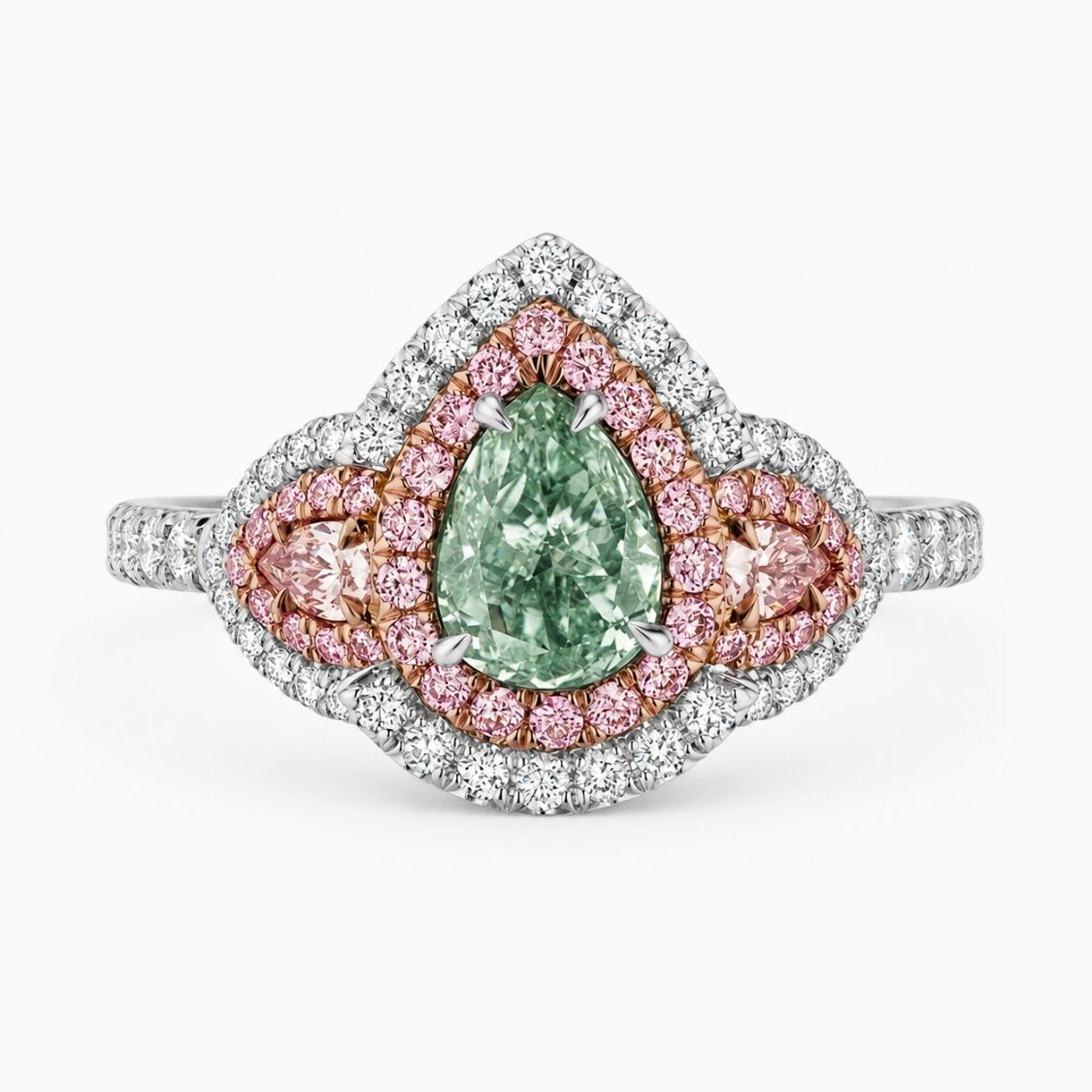 Michaela Halo Pave Accents (White and Pink Side Diamonds) Fancy Green Pear Lab Diamond Ring in White Gold 18K