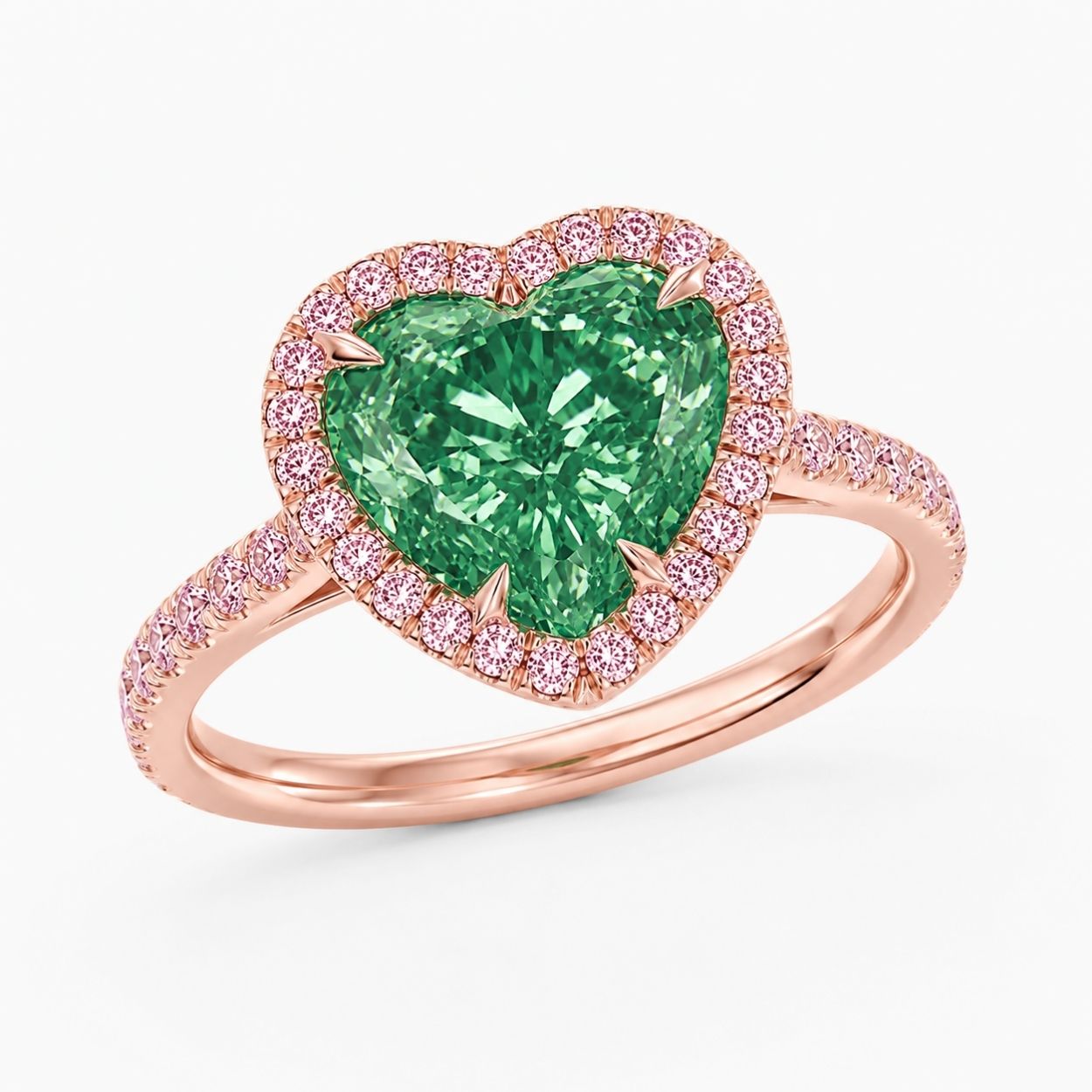 Halo Pave (Pink Side Diamonds) Fancy Green Heart Lab Grown Diamond Ring in White Gold 18K