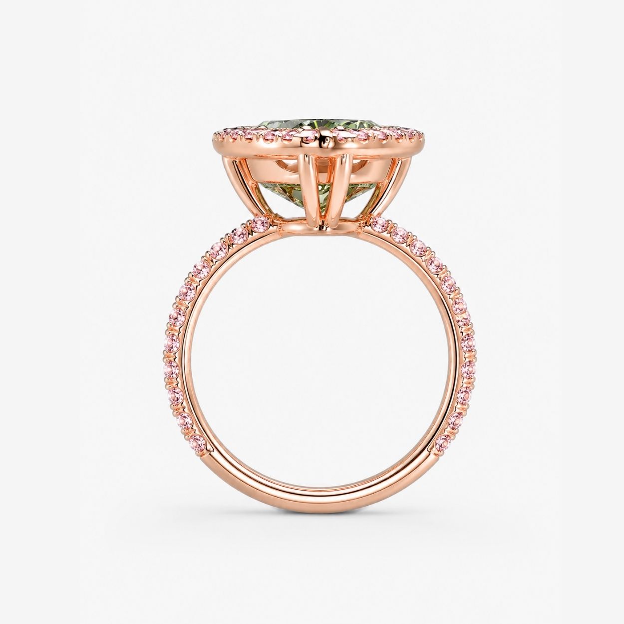 Halo Pave (Pink Side Diamonds) Fancy Green Heart Lab Grown Diamond Ring in White Gold 18K