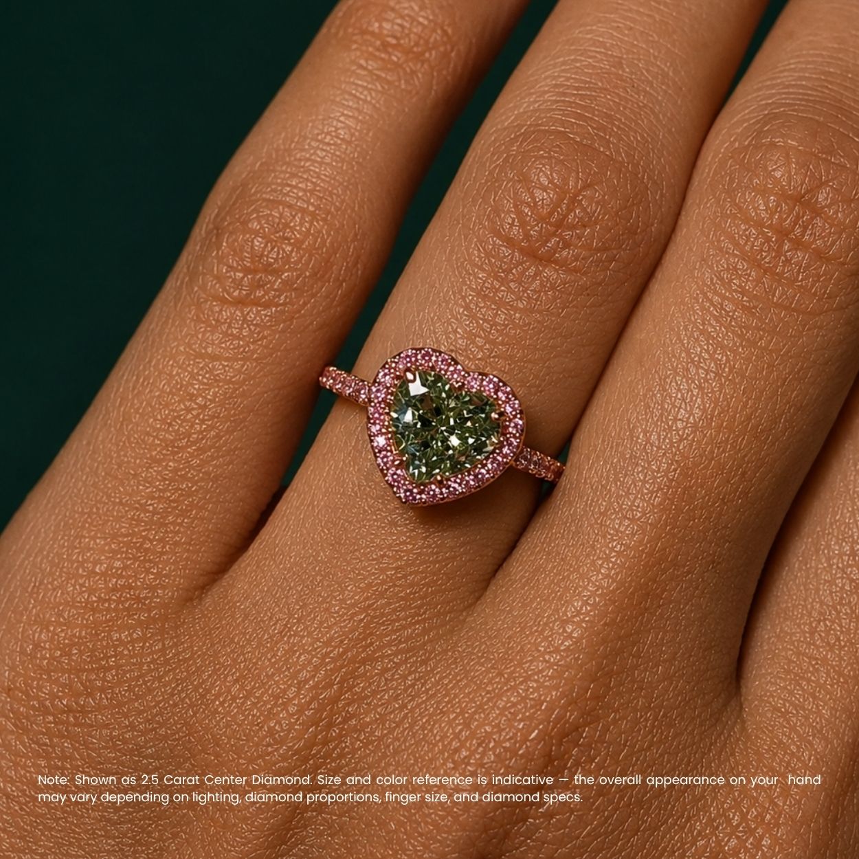 Halo Pave (Pink Side Diamonds) Fancy Green Heart Lab Grown Diamond Ring in White Gold 18K