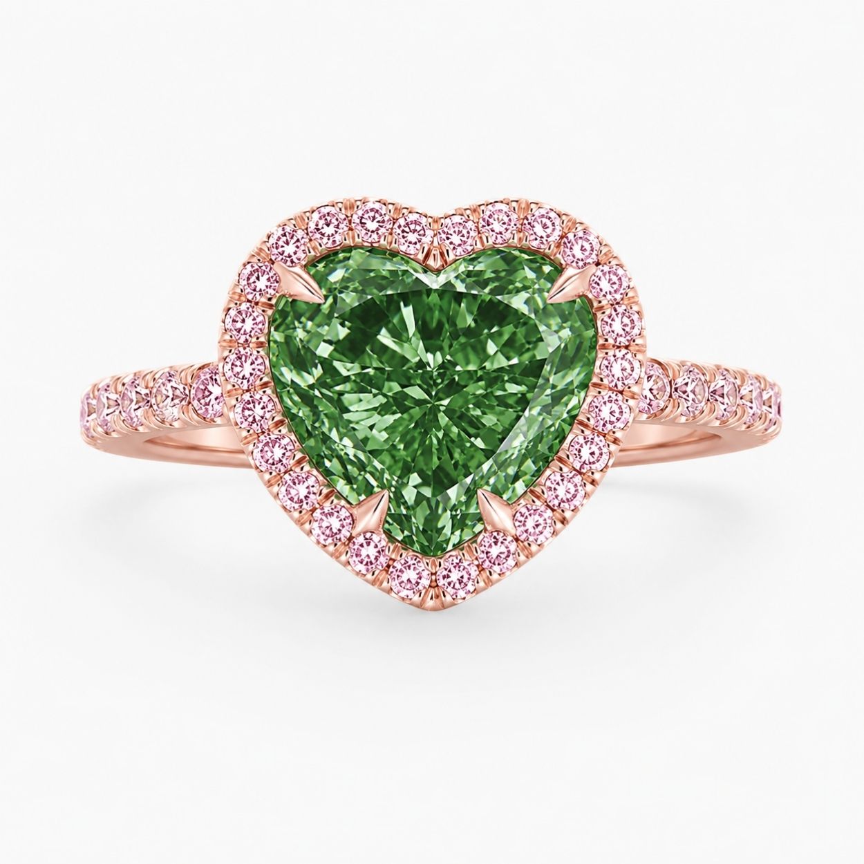 Halo Pave (Pink Side Diamonds) Fancy Green Heart Lab Grown Diamond Ring in White Gold 18K