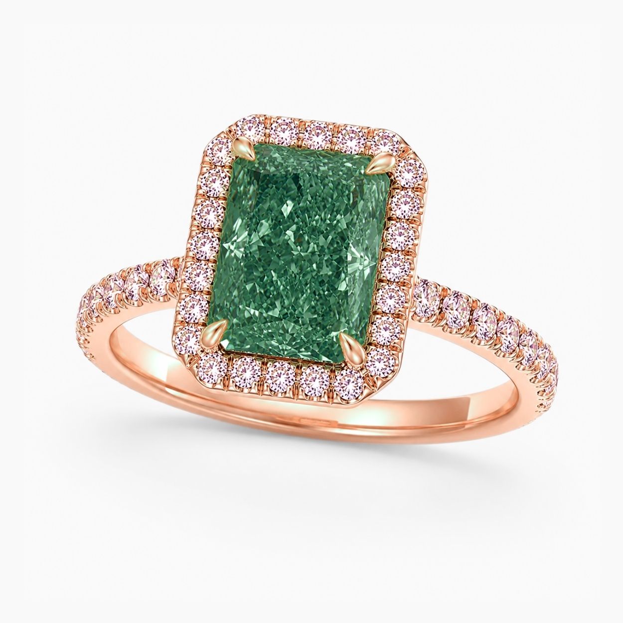 Halo Pave (Pink Side Diamonds) Fancy Green Radiant Lab Grown Diamond Ring in White Gold 18K