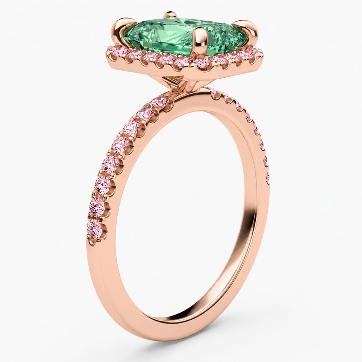 Halo Pave (Pink Side Diamonds) Fancy Green Radiant Lab Grown Diamond Ring in White Gold 18K